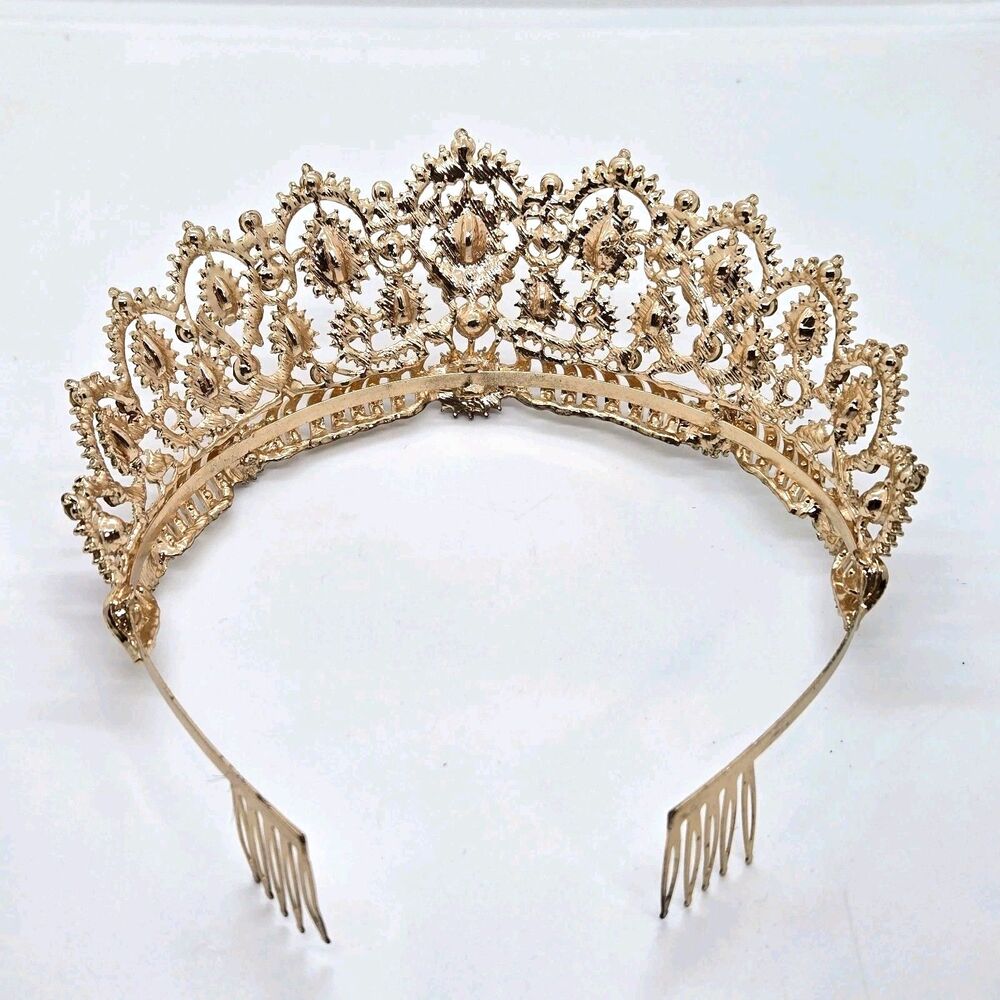 Gold Queen Tiara Crown Red Rhinestones Medieval Renaissance Costume Headpiece - Picture 5 of 8